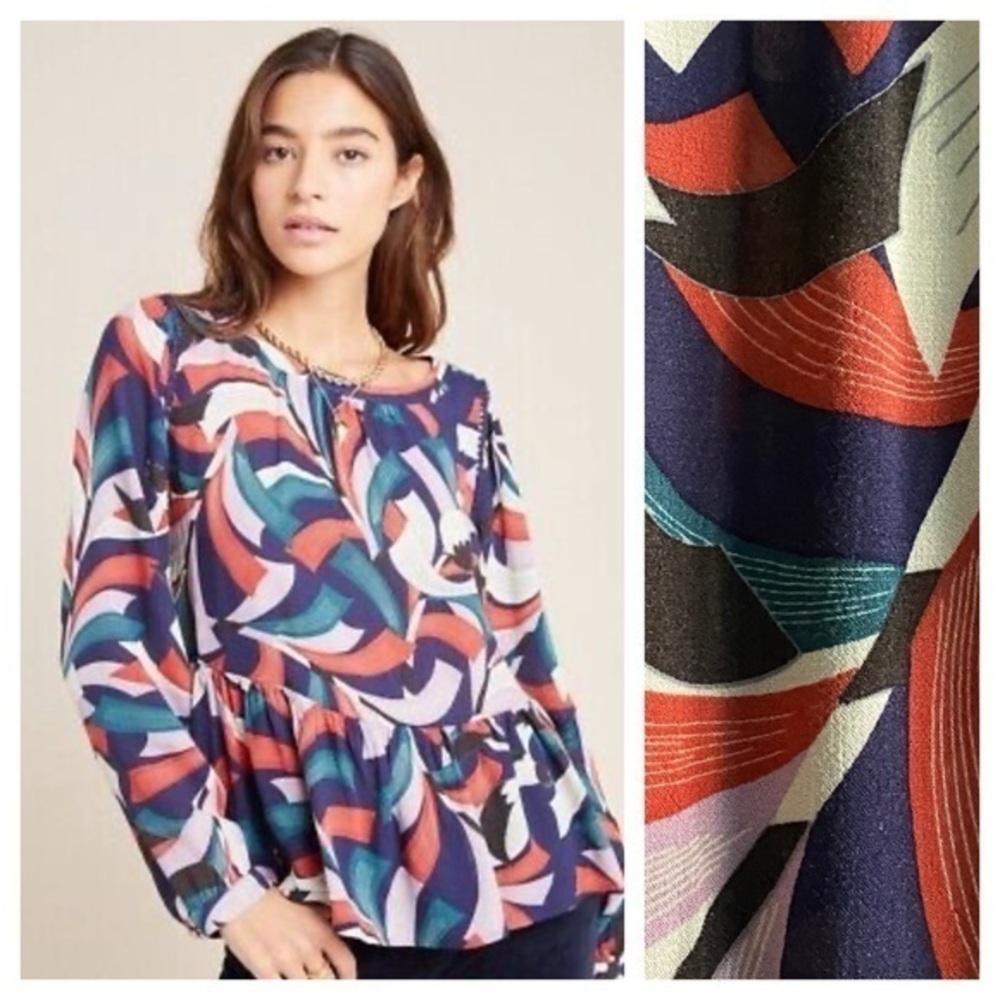 Anthropologie Maeve Colorful Cheyenne Bird Print Peplum Blouse Small
